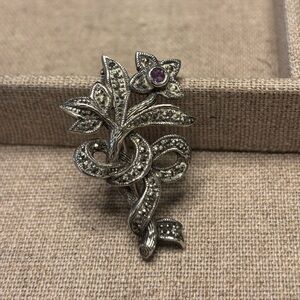Vintage Sterling Silver 925 Floral Ribbon Brooch Pin